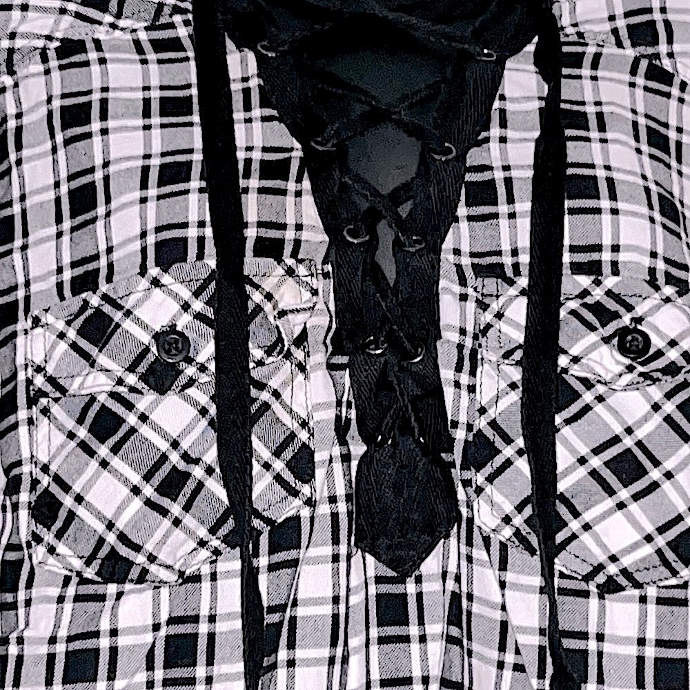 TORRID ๐ค COTTON BLACK/WHITE PLAID LONG SLEEVE LACE-UP BLOUSE TOP Size 1 (14/16) - Picture 4 of 13